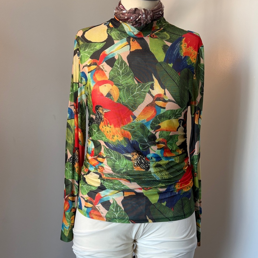 FARM Rio Multicolor Bird Print Long Sleeve Top
